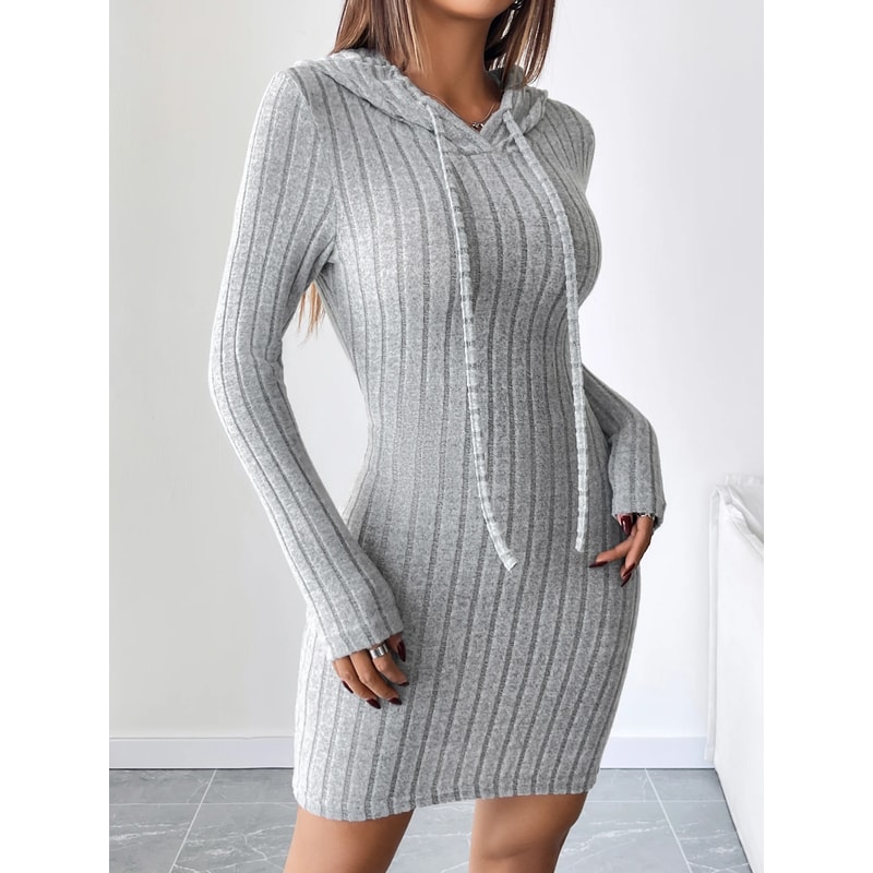 Comfortable Casual Hooded Slim Fit Dress Trendy Ribbed Knitted Style With Drawstring For Women 4