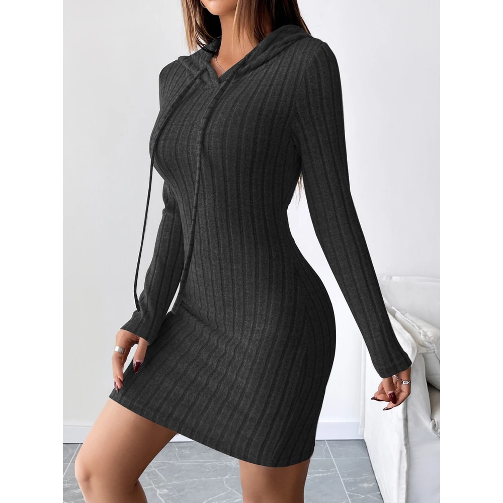Comfortable Casual Hooded Slim Fit Dress Trendy Ribbed Knitted Style With Drawstring For Women 3