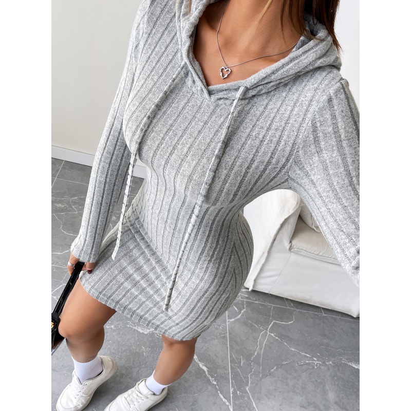 Comfortable Casual Hooded Slim Fit Dress Trendy Ribbed Knitted Style With Drawstring For Women 6