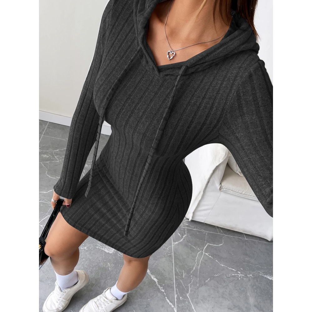Comfortable Casual Hooded Slim Fit Dress Trendy Ribbed Knitted Style With Drawstring For Women 1