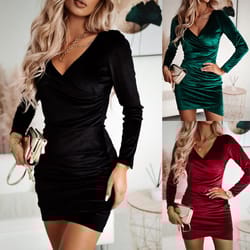 women velvet bodycon mini dress, lady solid color v neck long sleeved party dress for autumn winter