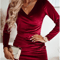 Women Velvet Bodycon Mini Dress, Lady Solid Color V Neck Long Sleeved Party Dress for Autumn Winter