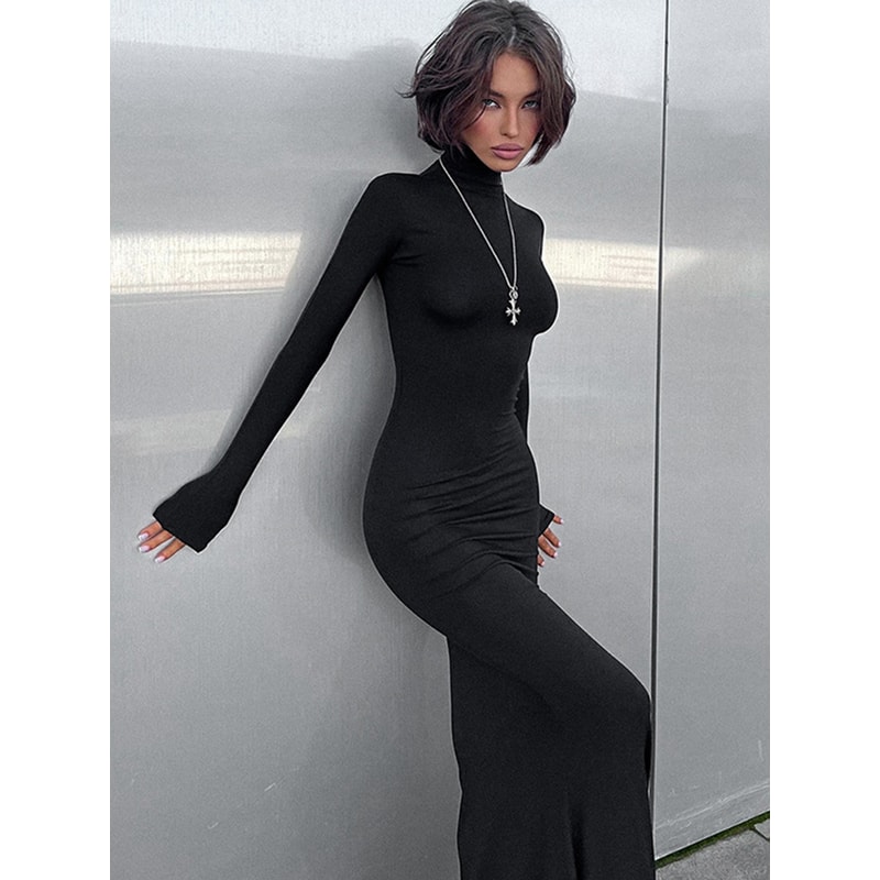 Elegant Dresses For Women, Sexy Solid Turtleneck, Full Sleeves Sheath Long Party Dress, Female Fashion Vestidos