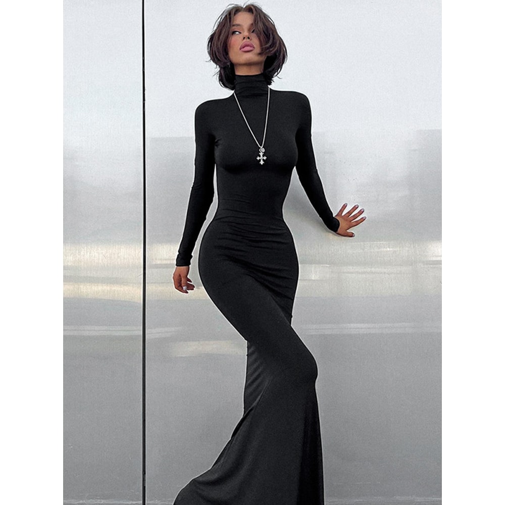 Elegant Dresses For Women, Sexy Solid Turtleneck, Full Sleeves Sheath Long Party Dress, Female Fashion Vestidos
