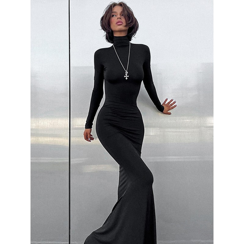 Elegant Dresses For Women, Sexy Solid Turtleneck, Full Sleeves Sheath Long Party Dress, Female Fashion Vestidos