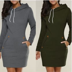 hooded warm sweat shirt dress, womens knee length, long sleeve, side zip neckline, pockets, simple casual sports skirt