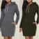 Hooded Warm Sweat Shirt Dress, Womens Knee Length, Long Sleeve, Side Zip Neckline, Pockets, Simple Casual Sports Skirt
