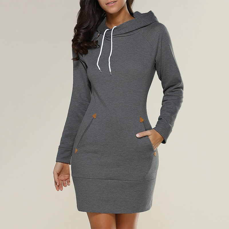 Hooded Warm Sweat Shirt Dress, Womens Knee Length, Long Sleeve, Side Zip Neckline, Pockets, Simple Casual Sports Skirt