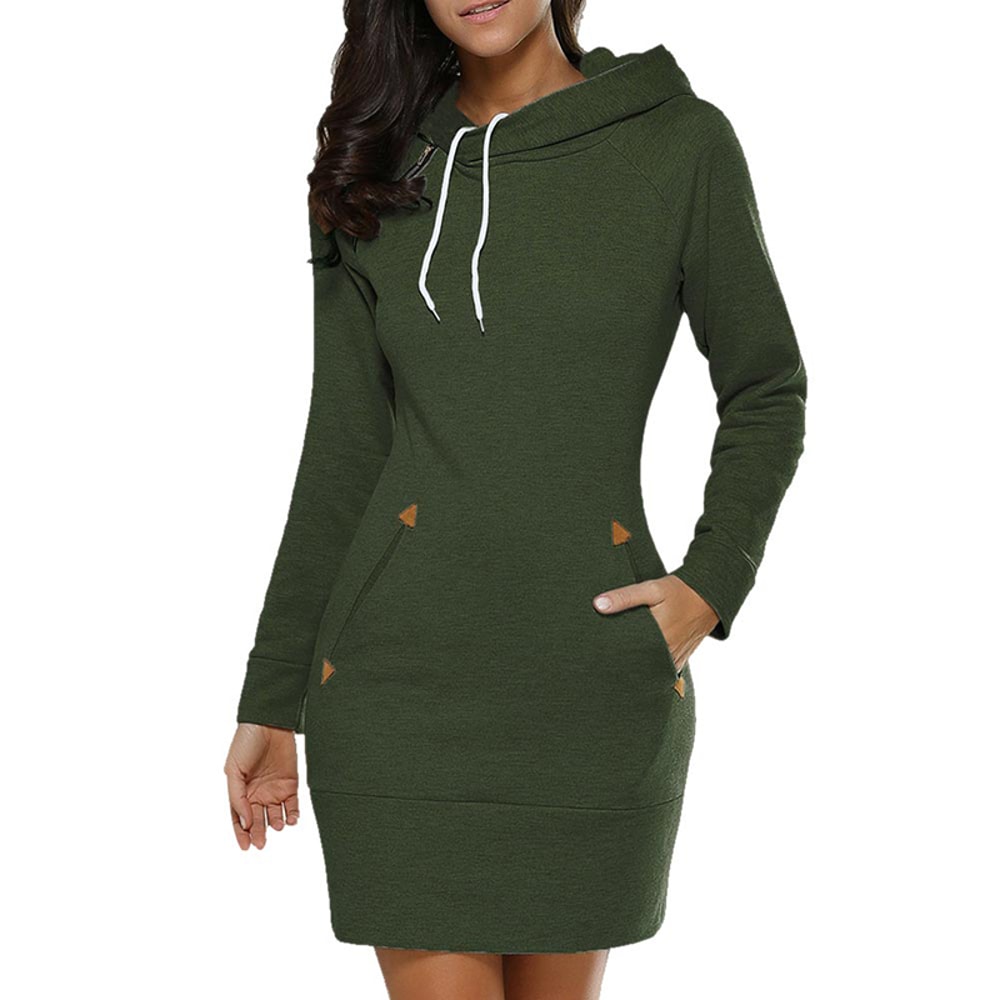 Hooded Warm Sweat Shirt Dress, Womens Knee Length, Long Sleeve, Side Zip Neckline, Pockets, Simple Casual Sports Skirt