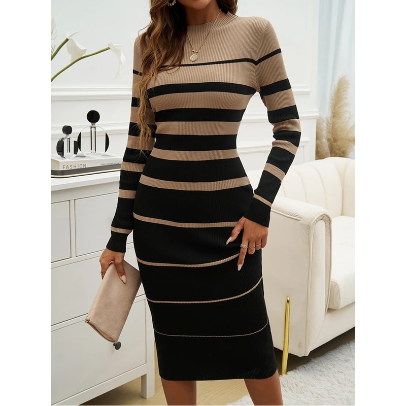 Fall Holiday Streetwear Dress Striped Bodycon Knit Office Long Sleeve
