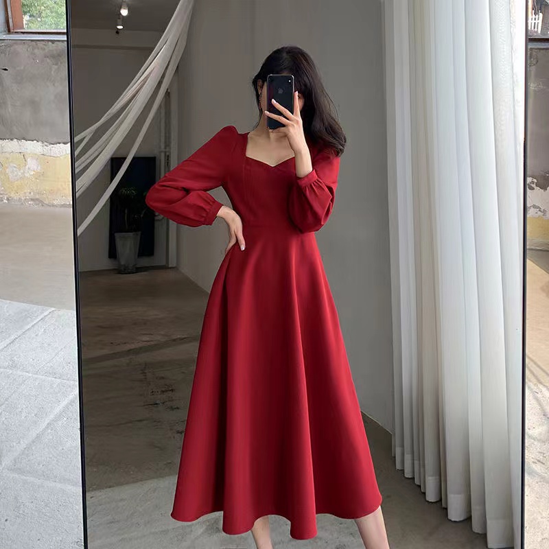 High Waist Slim Evening Party Dresses Long Puff Sleeve Solid Elegant Dress Women Fashion Wedding Gu 2