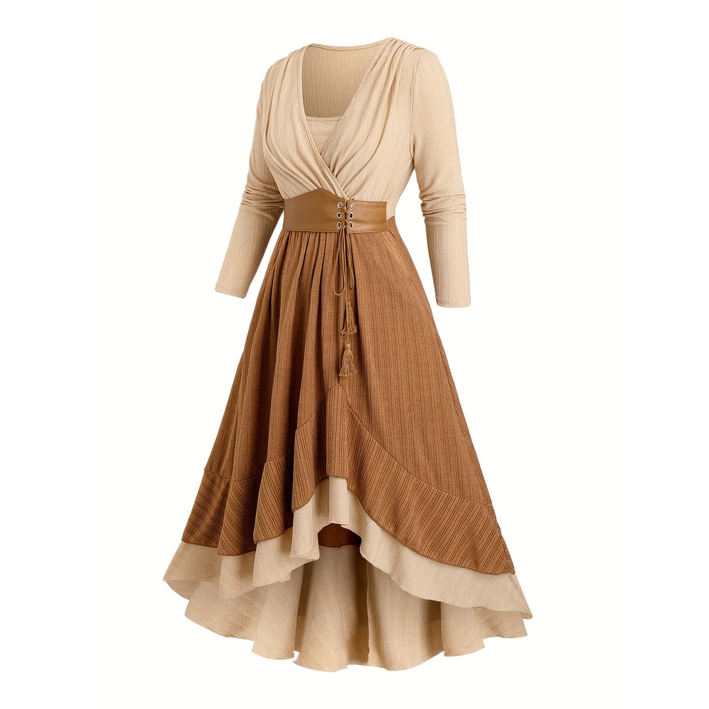 Plus-Size Women's European and American Fashion Dress with Patchwork, Tie, Hemp Rope, Tassel Pockets, Ruffled Hem,