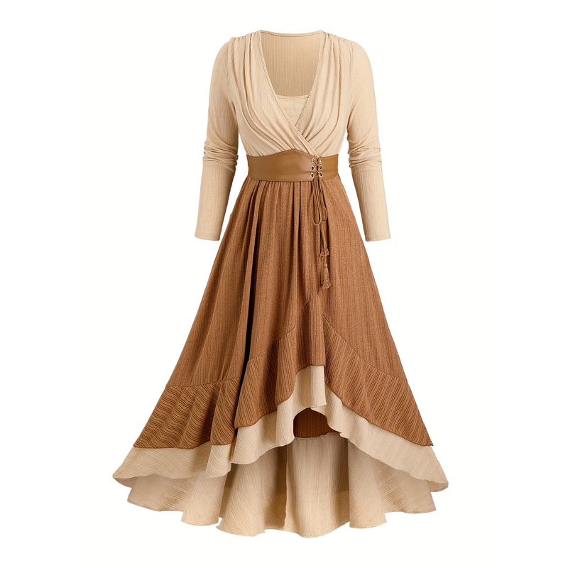 Plus-Size Women's European and American Fashion Dress with Patchwork, Tie, Hemp Rope, Tassel Pockets, Ruffled Hem,