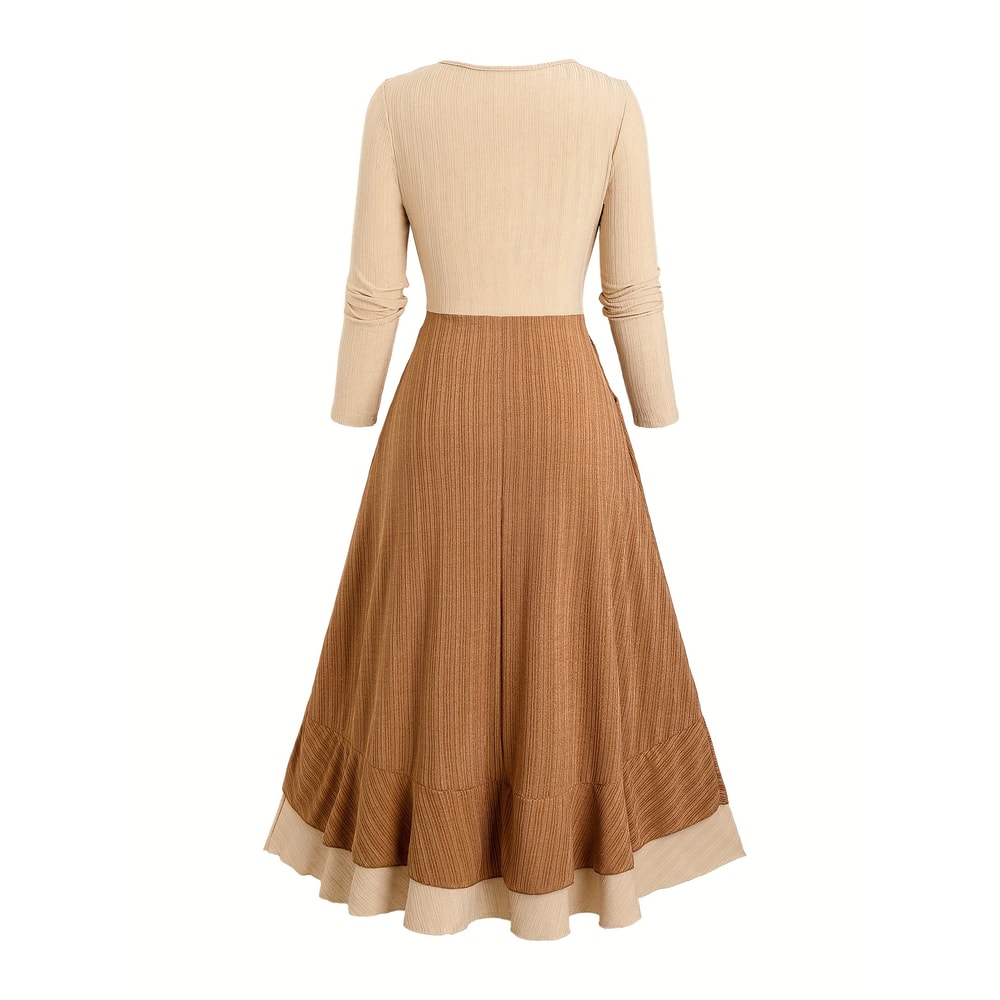 Plus-Size Women's European and American Fashion Dress with Patchwork, Tie, Hemp Rope, Tassel Pockets, Ruffled Hem,