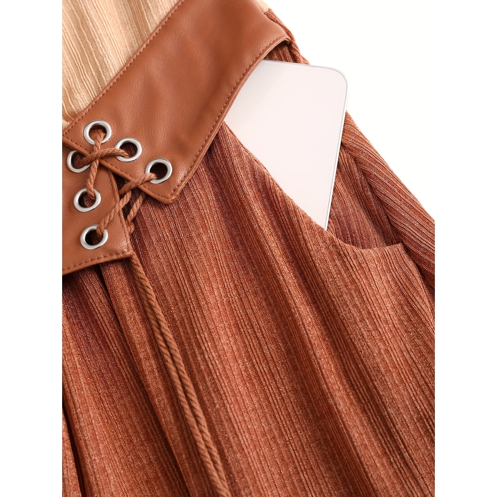 Plus-Size Women's European and American Fashion Dress with Patchwork, Tie, Hemp Rope, Tassel Pockets, Ruffled Hem,