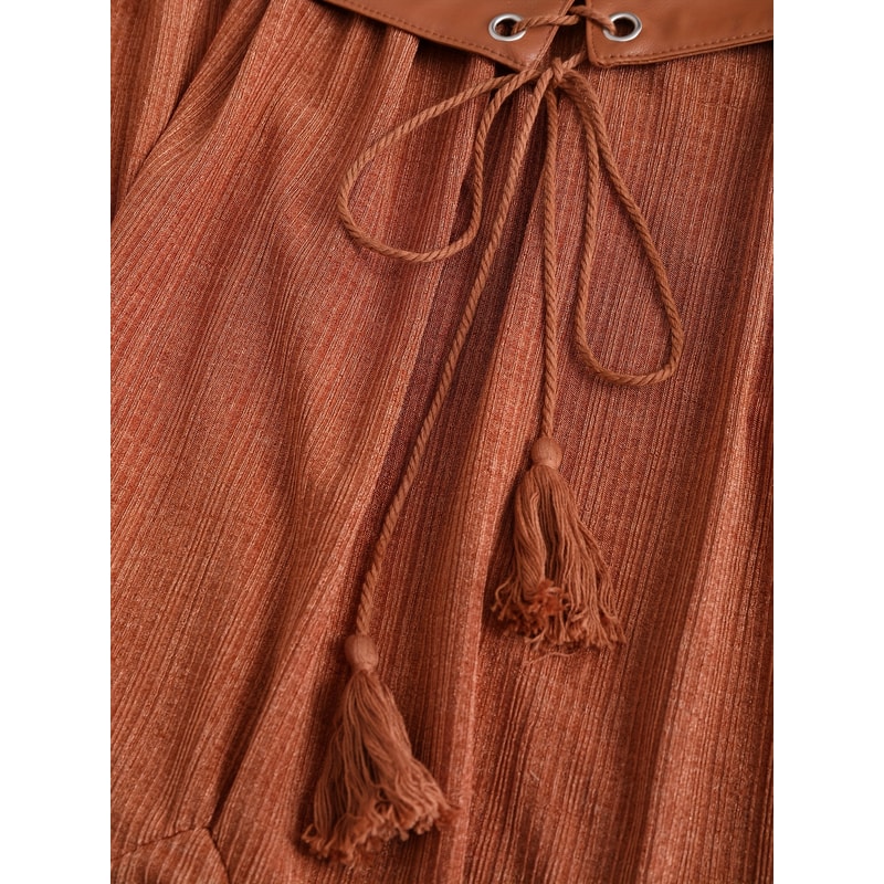 Plus-Size Women's European and American Fashion Dress with Patchwork, Tie, Hemp Rope, Tassel Pockets, Ruffled Hem,
