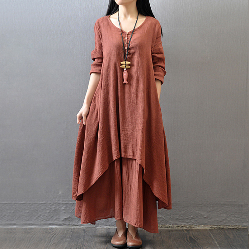 Comfy Loose Long Sleeve Robe, Mori Girl Style Dress for Women, Casual Plus Size Long Skirt
