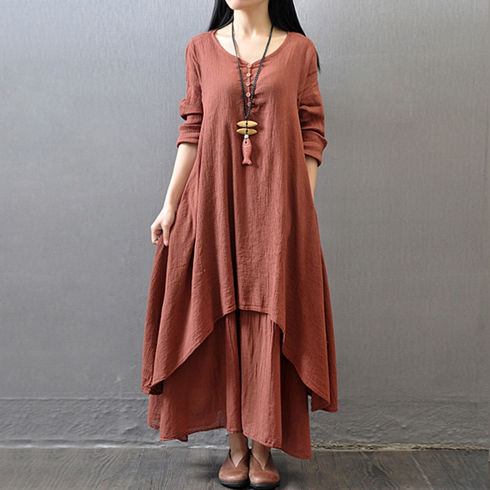 Comfy Loose Long Sleeve Robe, Mori Girl Style Dress for Women, Casual Plus Size Long Skirt
