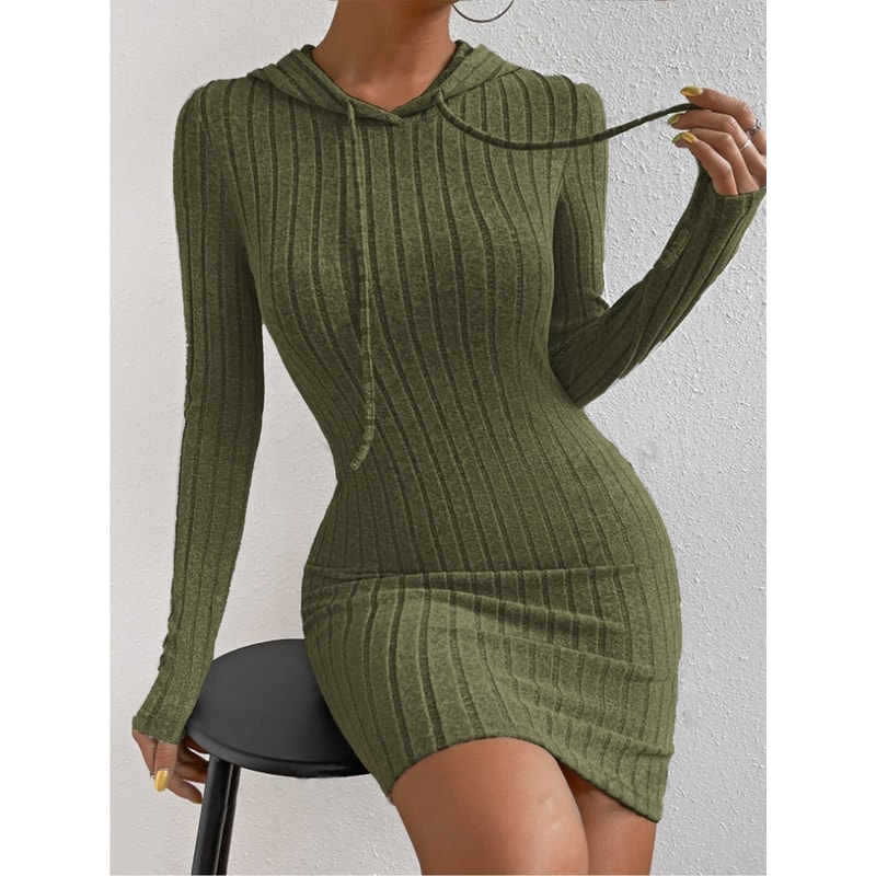 Casual Womens Hooded Drawstring Dress, Tight-Fitting Long Sleeve Dress for Spring and Fall
