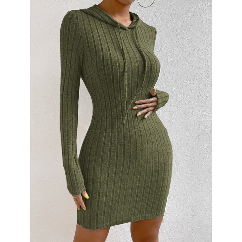 Casual Womens Hooded Drawstring Dress, Tight-Fitting Long Sleeve Dress for Spring and Fall