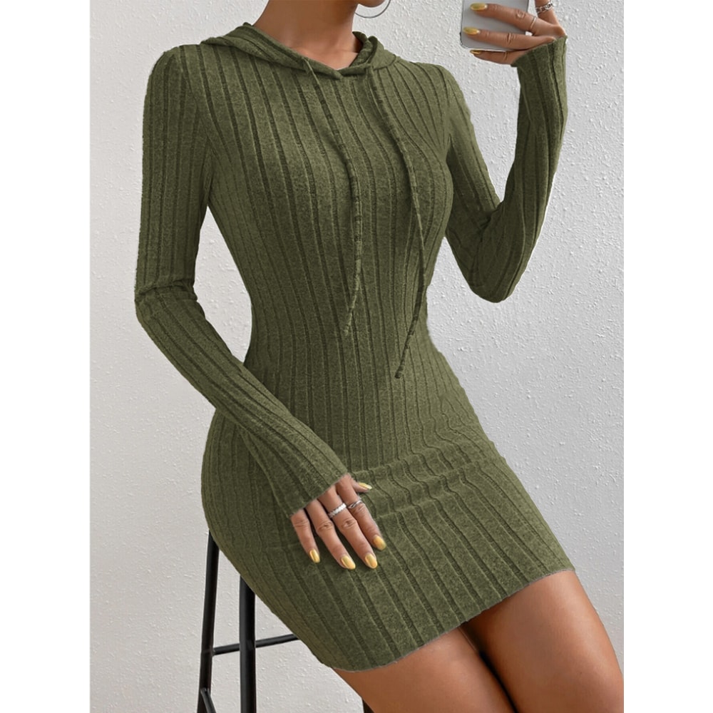 Casual Womens Hooded Drawstring Dress, Tight-Fitting Long Sleeve Dress for Spring and Fall
