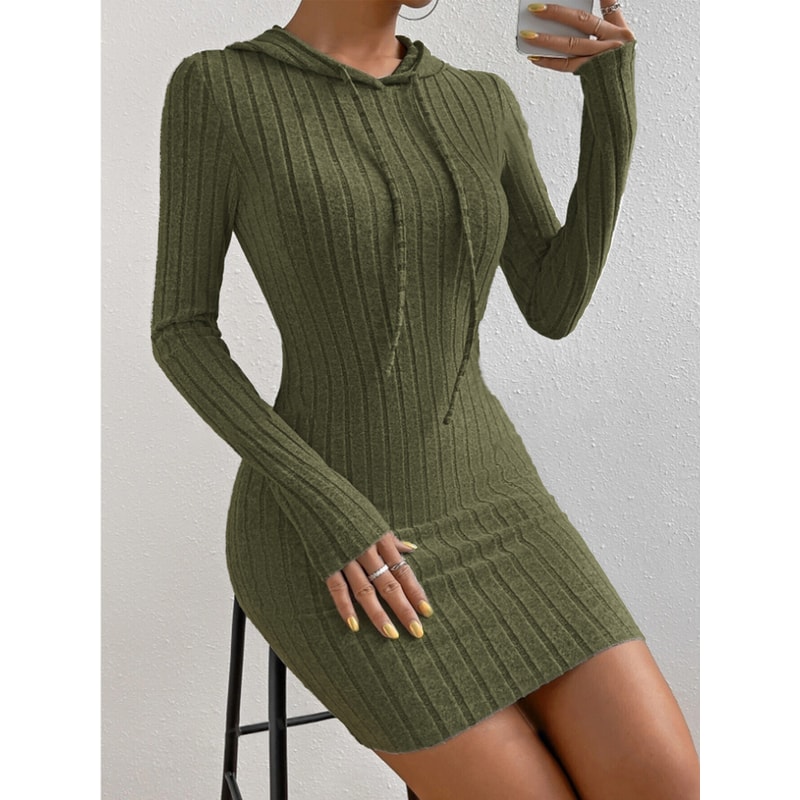 Casual Womens Hooded Drawstring Dress, Tight-Fitting Long Sleeve Dress for Spring and Fall