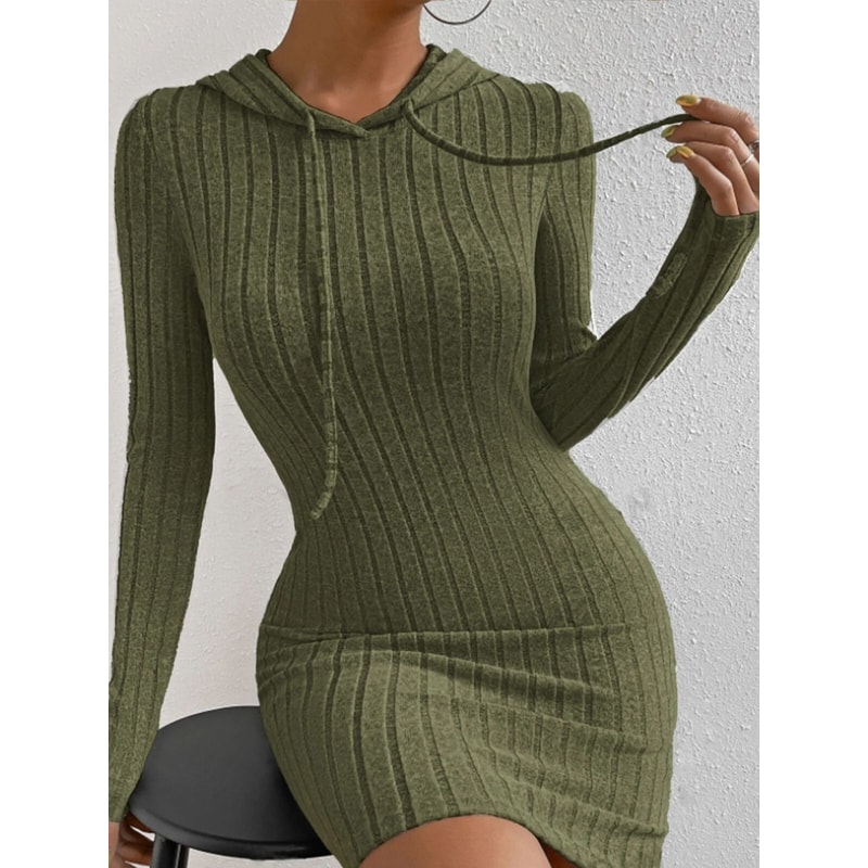 Casual Womens Hooded Drawstring Dress, Tight-Fitting Long Sleeve Dress for Spring and Fall