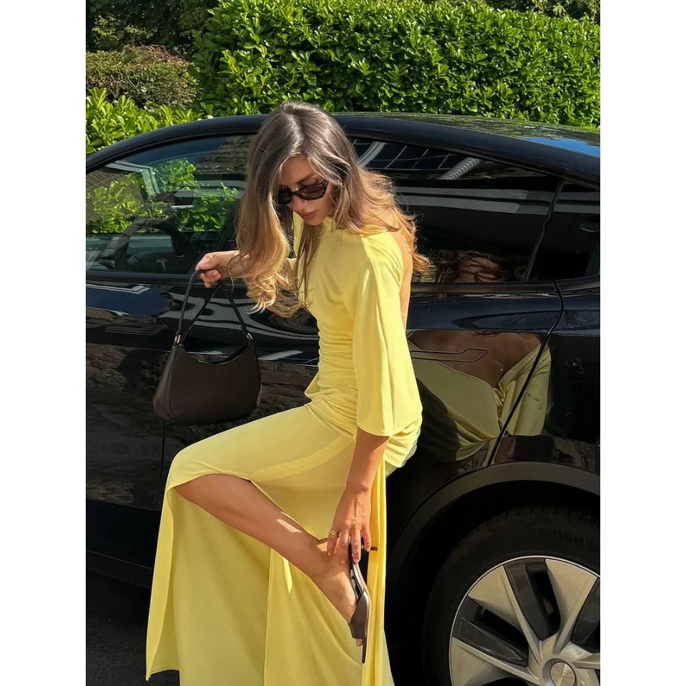Women's Solid Yellow Backless Maxi Dress, Elegant Split Slim Fit, Pleated Half Sleeve Long Dresses, High Street Summer