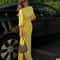 Women's Solid Yellow Backless Maxi Dress, Elegant Split Slim Fit, Pleated Half Sleeve Long Dresses, High Street Summer