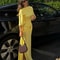 Women's Solid Yellow Backless Maxi Dress, Elegant Split Slim Fit, Pleated Half Sleeve Long Dresses, High Street Summer