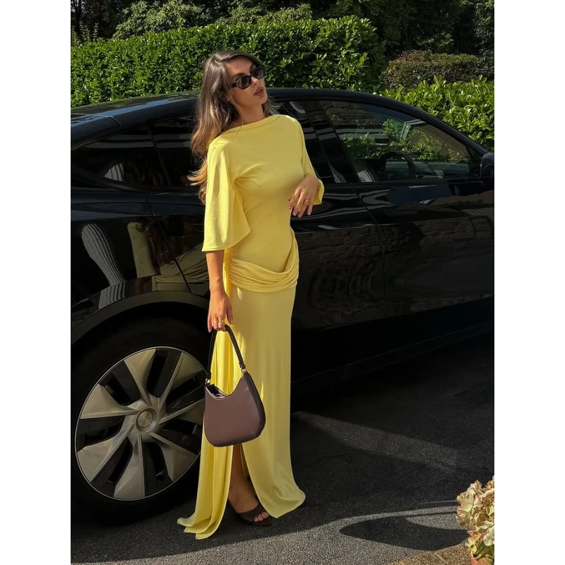 Women's Solid Yellow Backless Maxi Dress, Elegant Split Slim Fit, Pleated Half Sleeve Long Dresses, High Street Summer