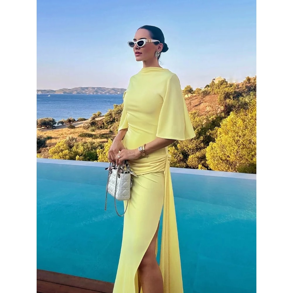 Women's Solid Yellow Backless Maxi Dress, Elegant Split Slim Fit, Pleated Half Sleeve Long Dresses, High Street Summer