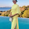Women's Solid Yellow Backless Maxi Dress, Elegant Split Slim Fit, Pleated Half Sleeve Long Dresses, High Street Summer