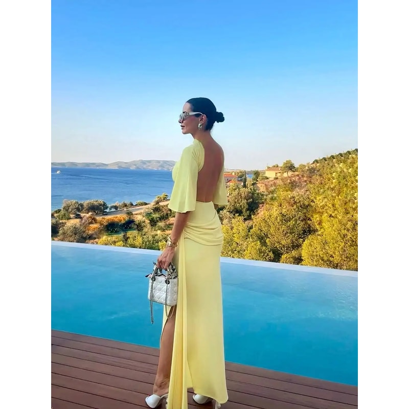 Women's Solid Yellow Backless Maxi Dress, Elegant Split Slim Fit, Pleated Half Sleeve Long Dresses, High Street Summer