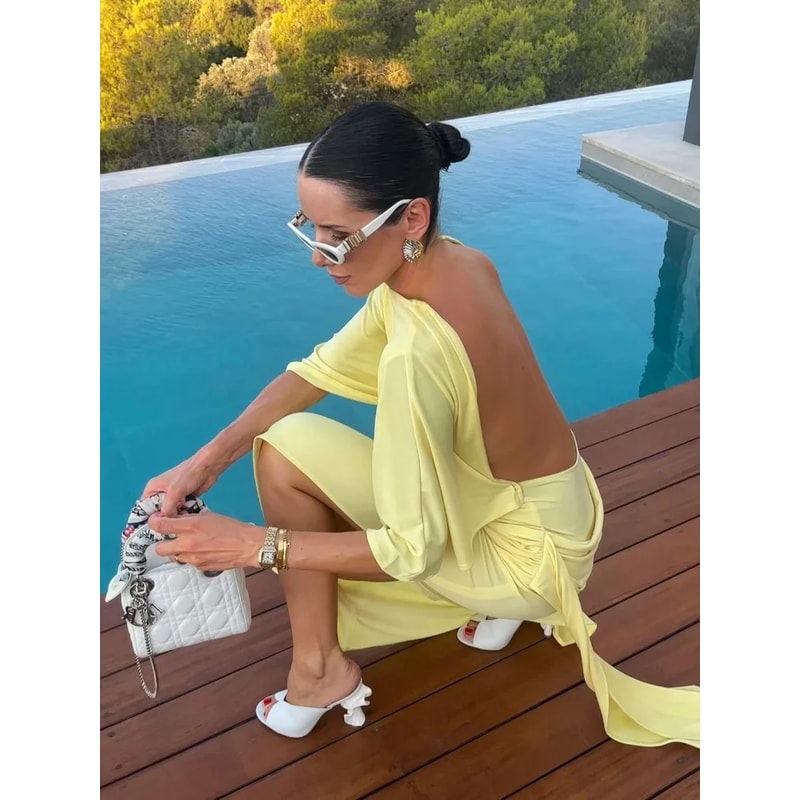 Women's Solid Yellow Backless Maxi Dress, Elegant Split Slim Fit, Pleated Half Sleeve Long Dresses, High Street Summer