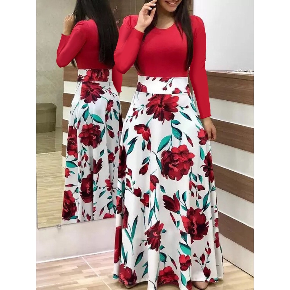Long Dresses Autumn Flower Color Matching Dresses Womens Clothing 5