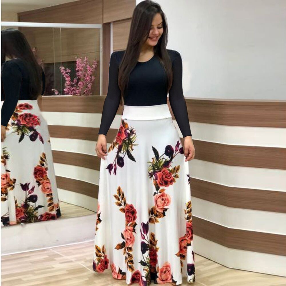 Long Dresses Autumn Flower Color Matching Dresses Womens Clothing 6