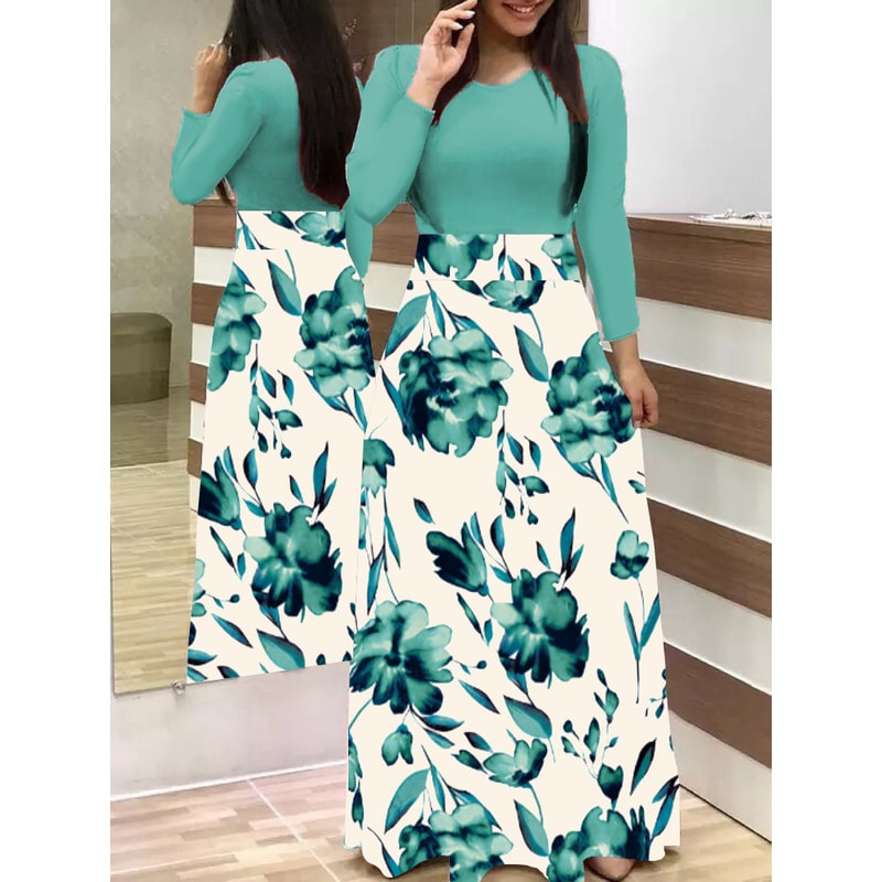 Long Dresses Autumn Flower Color Matching Dresses Womens Clothing 8