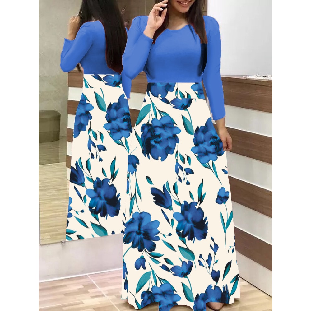 Long Dresses Autumn Flower Color Matching Dresses Womens Clothing 10