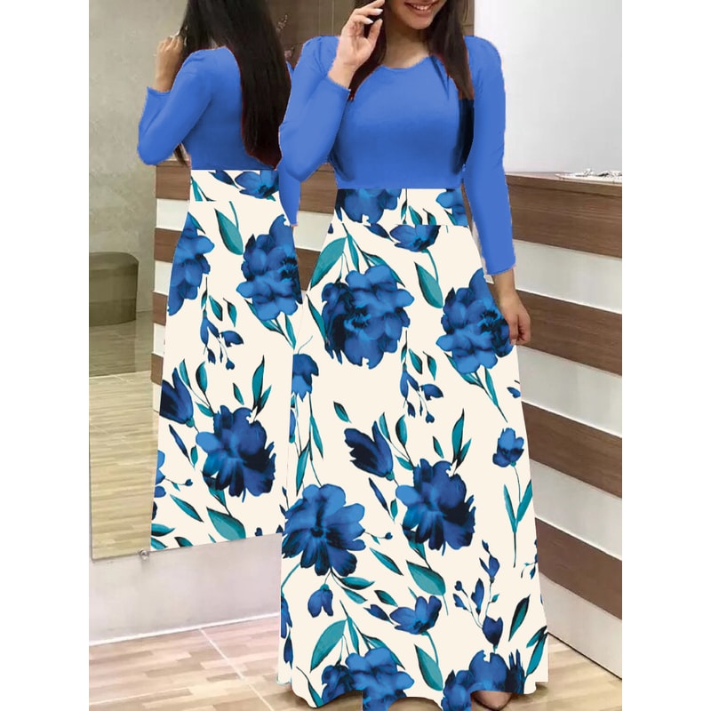 Long Dresses Autumn Flower Color Matching Dresses Womens Clothing 10