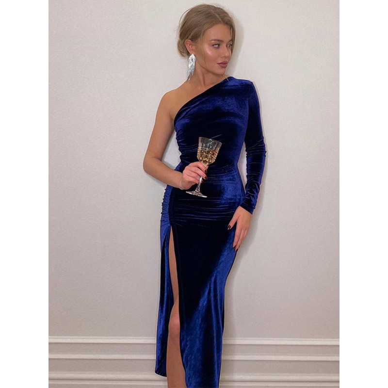 Women Spring And Autumn Velvet Bodycon Long Sleeve Party Evening Midi Dress With Split Pencil Desig 0