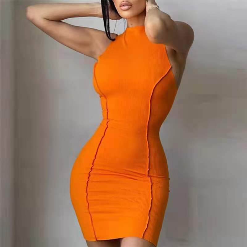 Sexy Summer Slim Wrap Hip Dress Solid Patchwork Sleeveless Mini Dresses Women Oneck High Street INS 6