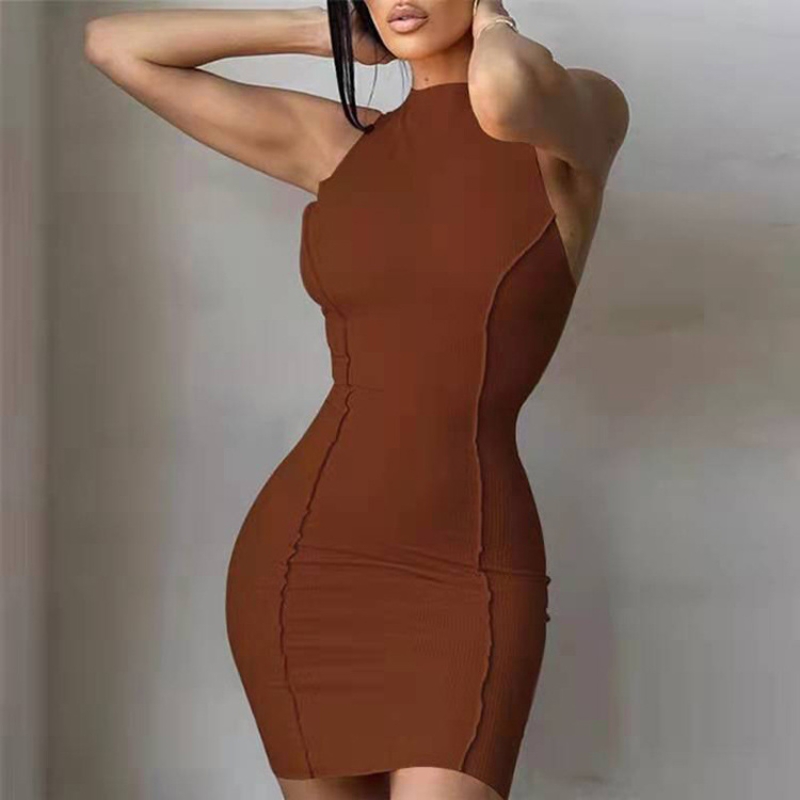 Sexy Summer Slim Wrap Hip Dress Solid Patchwork Sleeveless Mini Dresses Women Oneck High Street INS 4