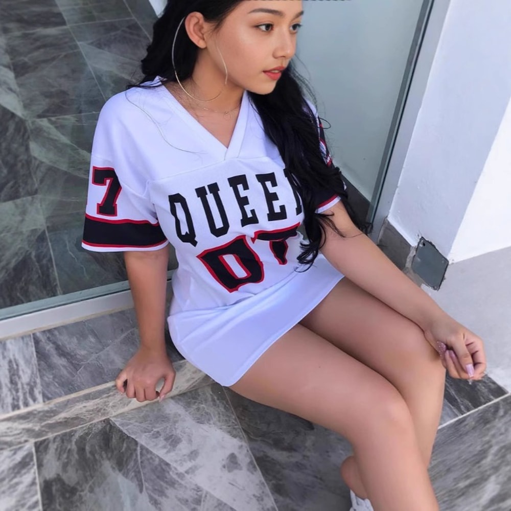 VNeck Queen Letters Print Dress Short Sleeve Basketball Sporty Style Sexy Loose Female Clothing Str 1