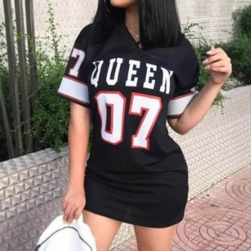 VNeck Queen Letters Print Dress Short Sleeve Basketball Sporty Style Sexy Loose Female Clothing Str 2