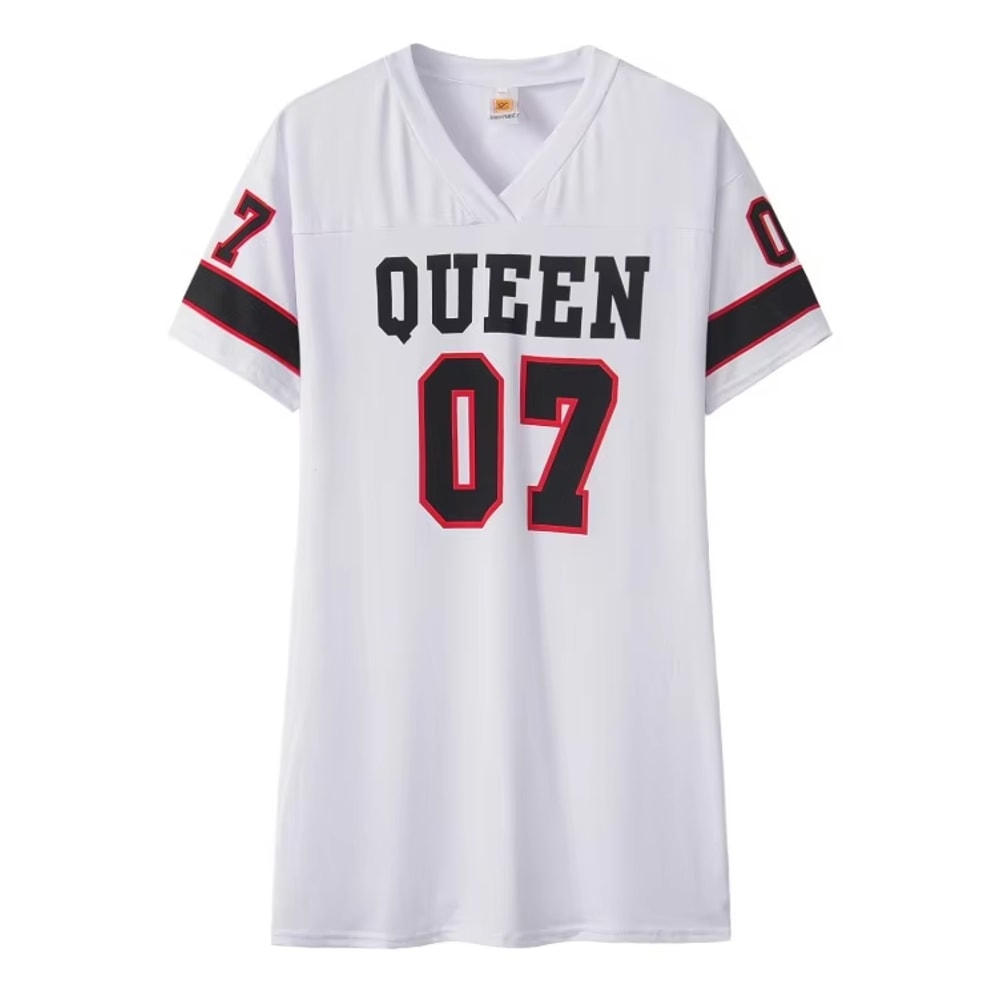VNeck Queen Letters Print Dress Short Sleeve Basketball Sporty Style Sexy Loose Female Clothing Str 4