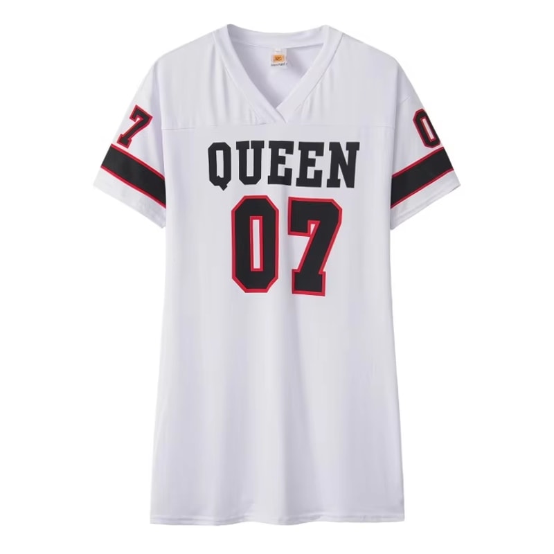 VNeck Queen Letters Print Dress Short Sleeve Basketball Sporty Style Sexy Loose Female Clothing Str 4