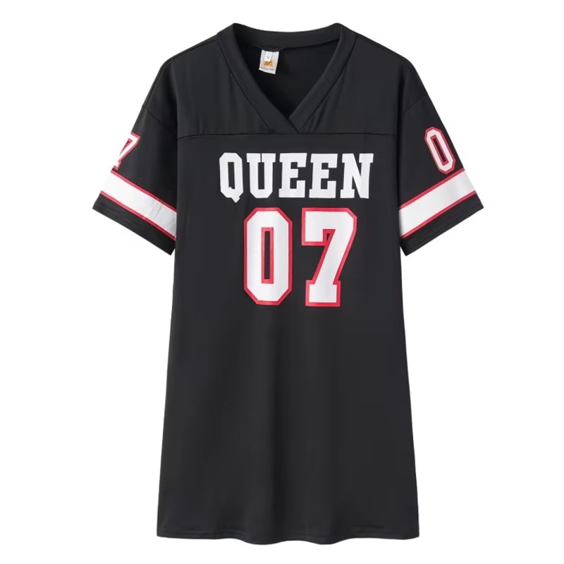VNeck Queen Letters Print Dress Short Sleeve Basketball Sporty Style Sexy Loose Female Clothing Str 5