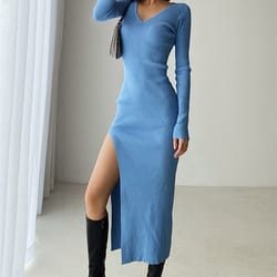 female v-neck slim slit women's sweater dress, tight-fitting wrap dresses