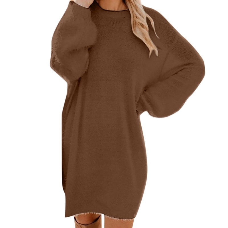Oversized Basic Ladies Cloth, Women Winter Sweater Knit Crewneck, Warm Long Sleeve Casual Dress